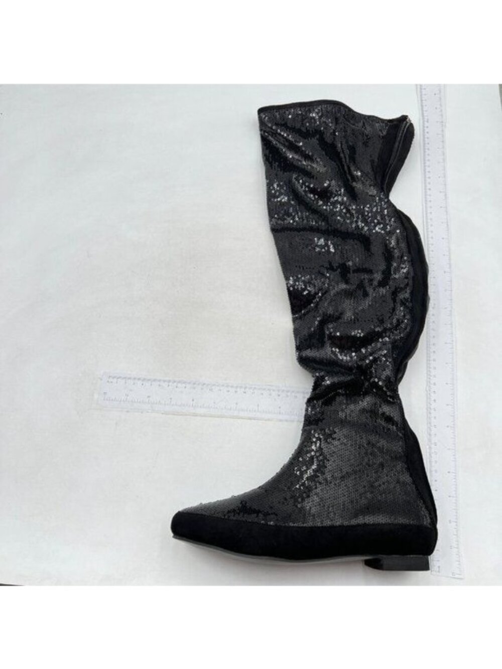 Glitter Sparkly Low Heel Thigh High Combat Boots Flat Over The Knee Boots Black